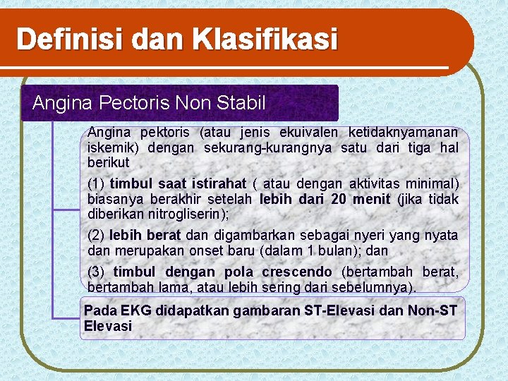 Definisi dan Klasifikasi Angina Pectoris Non Stabil Angina pektoris (atau jenis ekuivalen ketidaknyamanan iskemik)