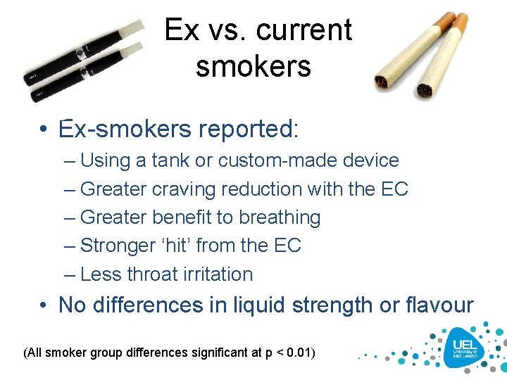 Ex vs. current smokers • Ex-smokers reported: – Using a tank or custom-made device