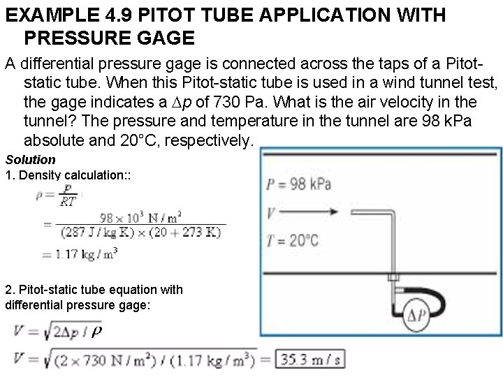 EXAMPLE 4. 9 PITOT TUBE APPLICATION WITH PRESSURE GAGE A differential pressure gage is