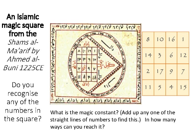 An Islamic magic square from the Shams al. Ma'arif by Ahmed al. Buni 1225