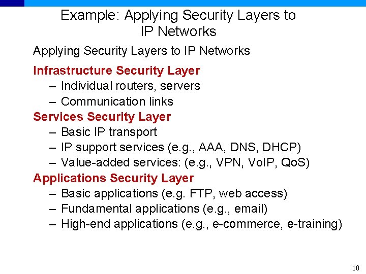 Example: Applying Security Layers to IP Networks Infrastructure Security Layer – Individual routers, servers
