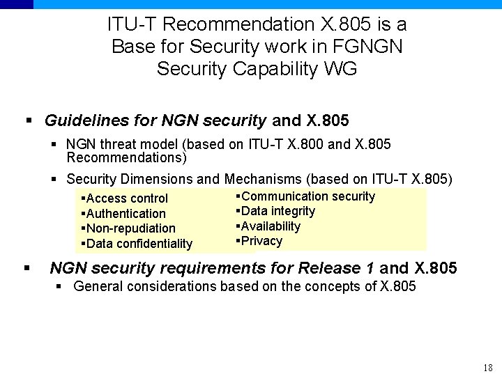 ITU-T Recommendation X. 805 is a Base for Security work in FGNGN Security Capability