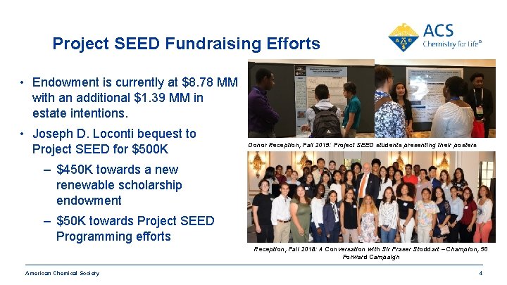 Project SEED Fundraising Efforts • Endowment is currently at $8. 78 MM with an