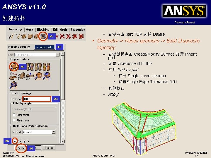 ANSYS v 11. 0 创建拓扑 Training Manual – 右键点击 part TOP 选择 Delete #1 ANSYS v 11. 0 创建拓扑 Training Manual – 右键点击 part TOP 选择 Delete #1
