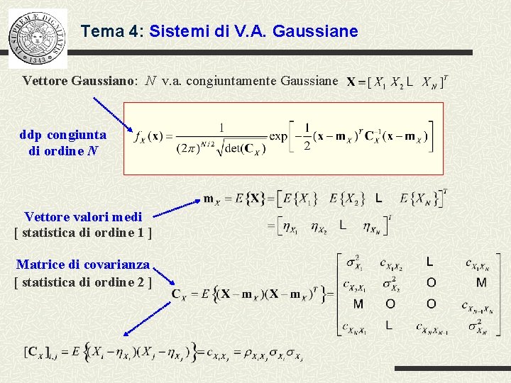 Tema 4: Sistemi di V. A. Gaussiane Vettore Gaussiano: N v. a. congiuntamente Gaussiane
