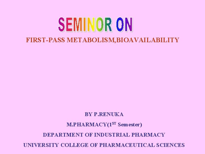 FIRST-PASS METABOLISM, BIOAVAILABILITY BY P. RENUKA M. PHARMACY(1 ST Semester) DEPARTMENT OF INDUSTRIAL PHARMACY