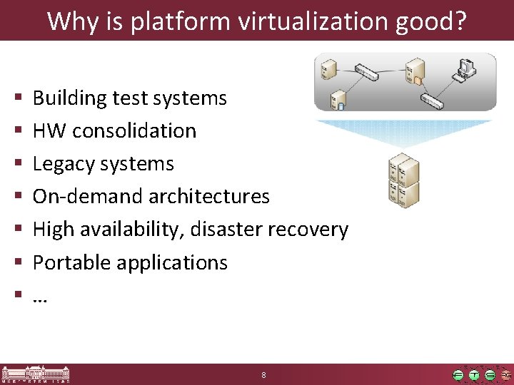 Why is platform virtualization good? § § § § Building test systems HW consolidation