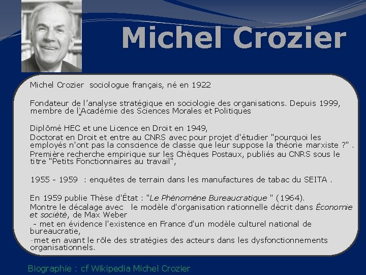 Michel Crozier sociologue français, né en 1922 Fondateur de l’analyse stratégique en sociologie des