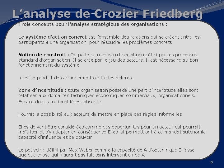 L’analyse de Crozier Friedberg Trois concepts pour l’analyse stratégique des organisations : Le système