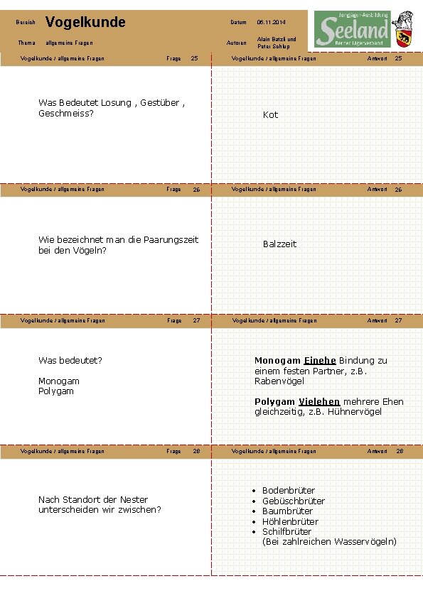 Bereich Vogelkunde Thema allgemeine Fragen Vogelkunde / allgemeine Fragen Datum 06. 11. 2014 Alain
