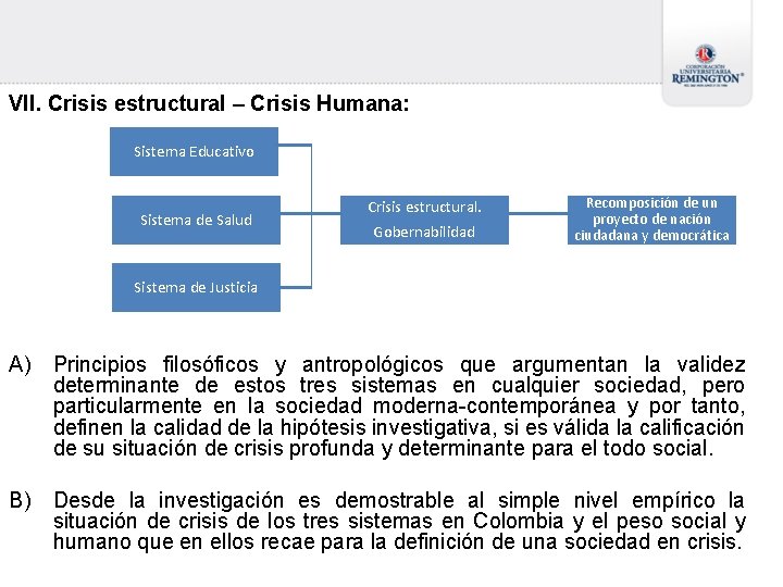 VII. Crisis estructural – Crisis Humana: Sistema Educativo Sistema de Salud Crisis estructural. Gobernabilidad