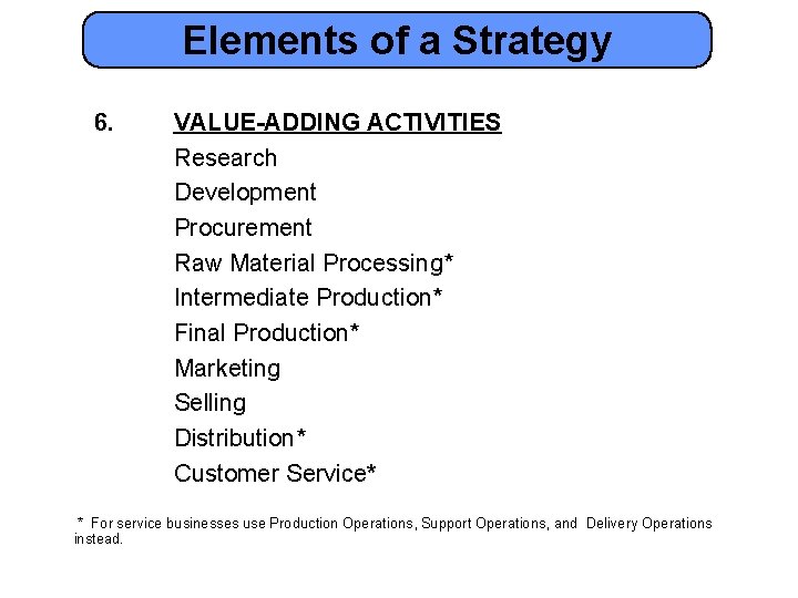 Elements of a Strategy 6. VALUE-ADDING ACTIVITIES Research Development Procurement Raw Material Processing* Intermediate