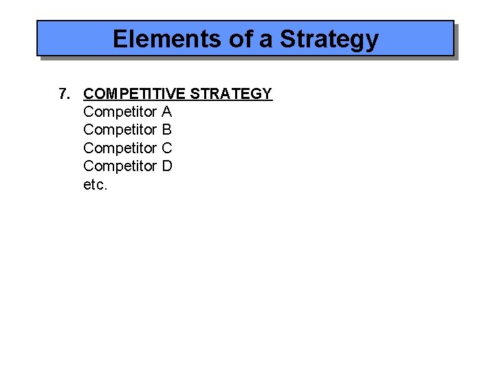 Elements of a Strategy 7. COMPETITIVE STRATEGY Competitor A Competitor B Competitor C Competitor