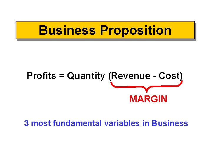 Business Proposition Profits = Quantity (Revenue - Cost) MARGIN 3 most fundamental variables in