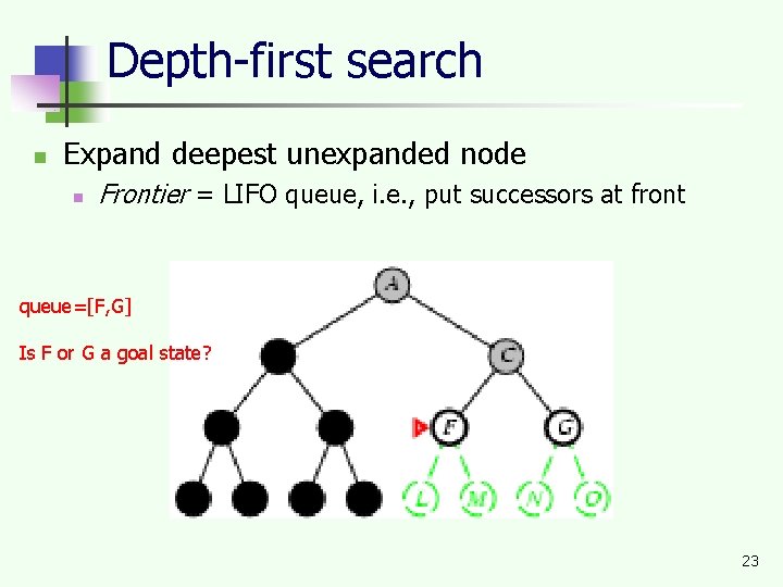 Depth-first search n Expand deepest unexpanded node n Frontier = LIFO queue, i. e.