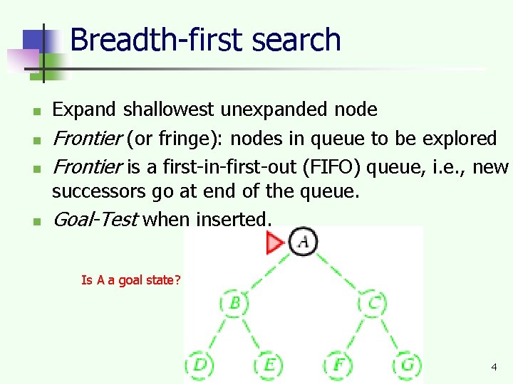 Breadth-first search n n Expand shallowest unexpanded node Frontier (or fringe): nodes in queue