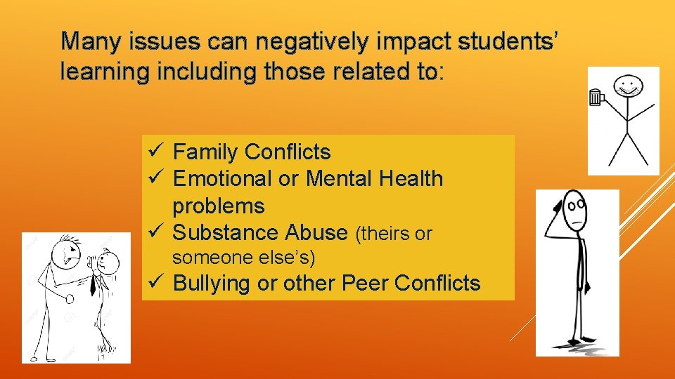 Many issues can negatively impact students’ learning including those related to: ü Family Conflicts
