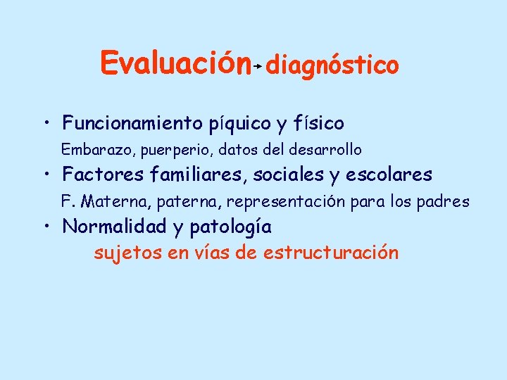 Evaluación diagnóstico • Funcionamiento píquico y físico Embarazo, puerperio, datos del desarrollo • Factores