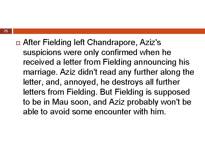25 After Fielding left Chandrapore, Aziz's suspicions were only confirmed when he received a