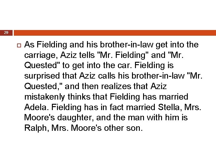 29 As Fielding and his brother-in-law get into the carriage, Aziz tells "Mr. Fielding"