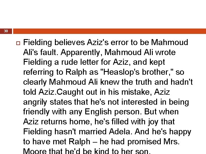 30 Fielding believes Aziz's error to be Mahmoud Ali's fault. Apparently, Mahmoud Ali wrote