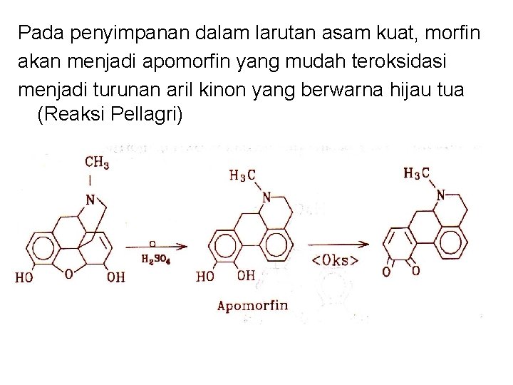 Pada penyimpanan dalam larutan asam kuat, morfin akan menjadi apomorfin yang mudah teroksidasi menjadi
