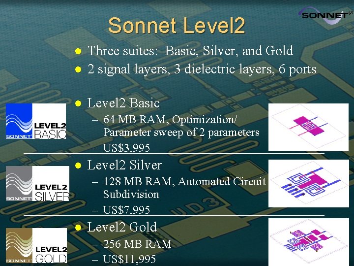 Sonnet Level 2 l Three suites: Basic, Silver, and Gold 2 signal layers, 3