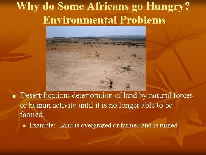 Why do Some Africans go Hungry? Environmental Problems n Desertification: deterioration of land by