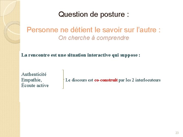 Question de posture : Personne ne détient le savoir sur l’autre : On cherche