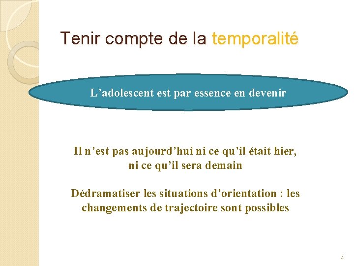 Tenir compte de la temporalité L’adolescent est par essence en devenir Il n’est pas