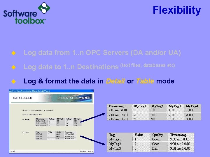 Flexibility u Log data from 1. . n OPC Servers (DA and/or UA) u Flexibility u Log data from 1. . n OPC Servers (DA and/or UA) u