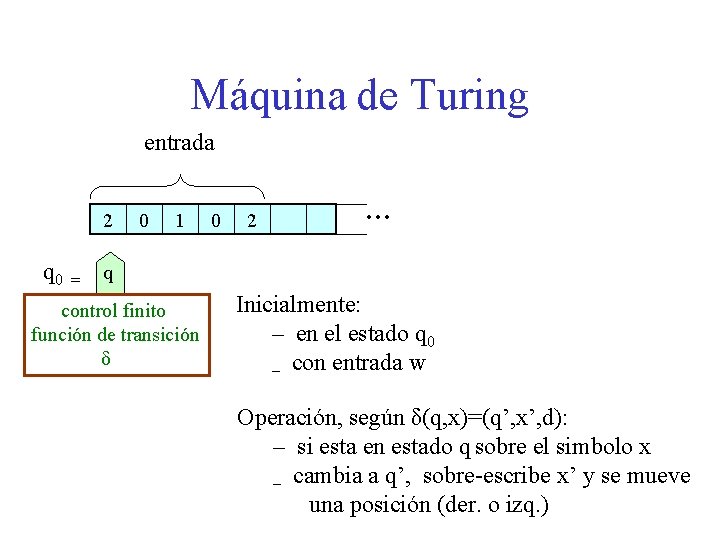 Máquina de Turing entrada 2 q 0 = 0 1 0 2 … q