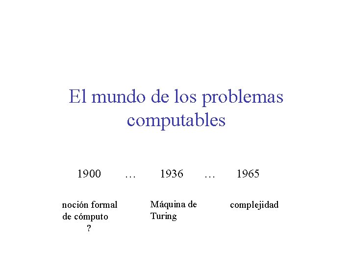 El mundo de los problemas computables 1900 noción formal de cómputo ? … 1936