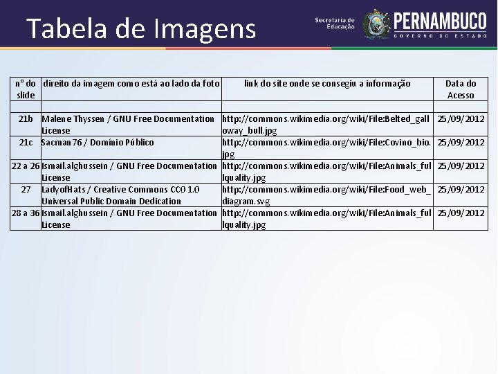 Tabela de Imagens n° do direito da imagem como está ao lado da foto