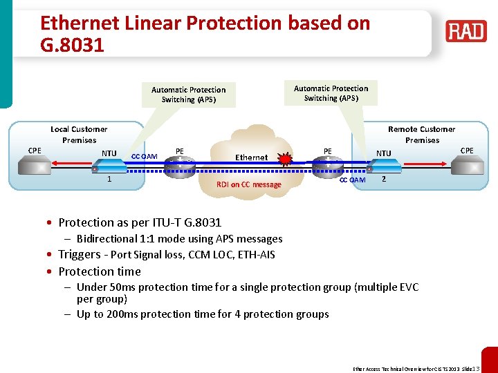 Ethernet Linear Protection based on G. 8031 Automatic Protection Switching (APS) CPE Remote Customer