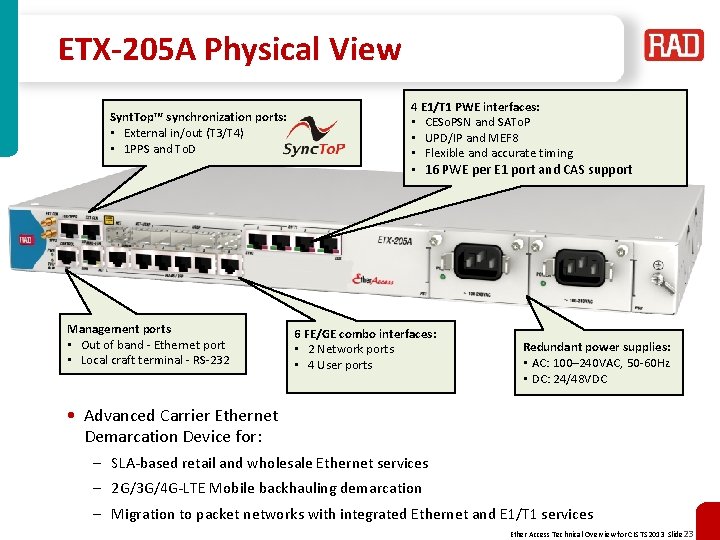 ETX-205 A Physical View Synt. Top™ synchronization ports: • External in/out (T 3/T 4)