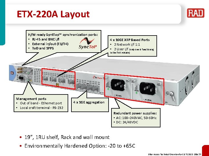 ETX-220 A Layout H/W ready Synt. Top™ synchronization ports: • RJ-45 and BNC i/f