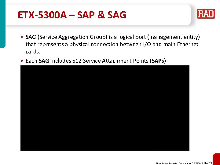 ETX-5300 A – SAP & SAG • SAG (Service Aggregation Group) is a logical