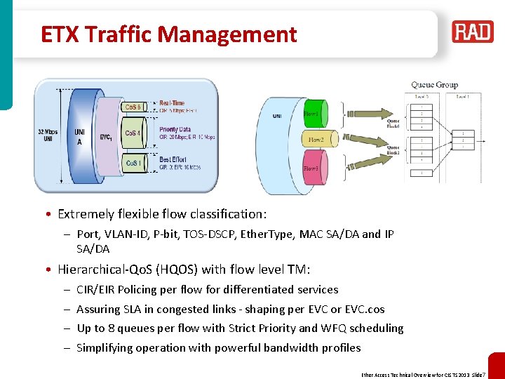 ETX Traffic Management • Extremely flexible flow classification: – Port, VLAN-ID, P-bit, TOS-DSCP, Ether.
