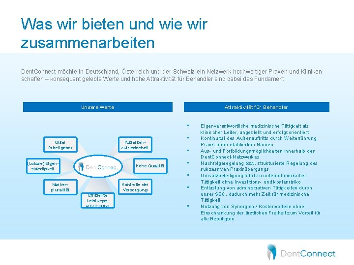 Was wir bieten und wie wir zusammenarbeiten Dent. Connect möchte in Deutschland, Österreich und