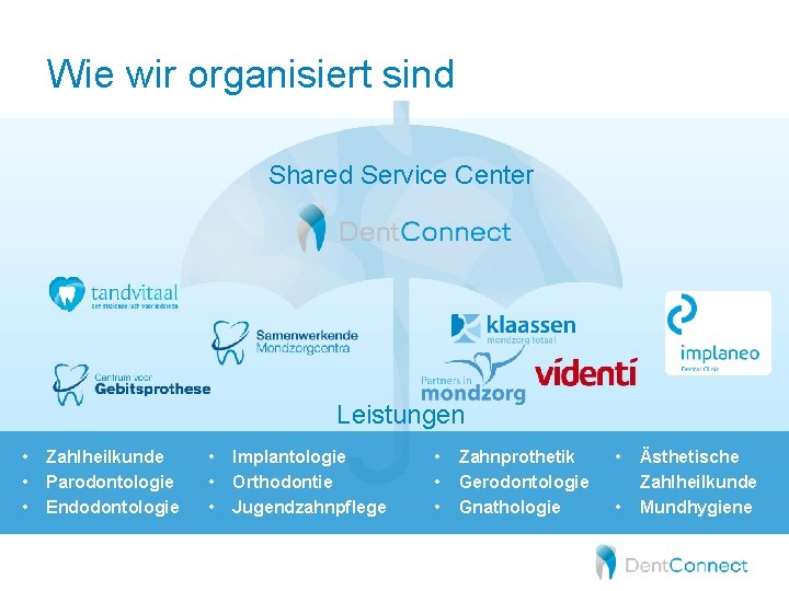 Wie wir organisiert sind Shared Service Center Leistungen • • • Zahlheilkunde Parodontologie Endodontologie