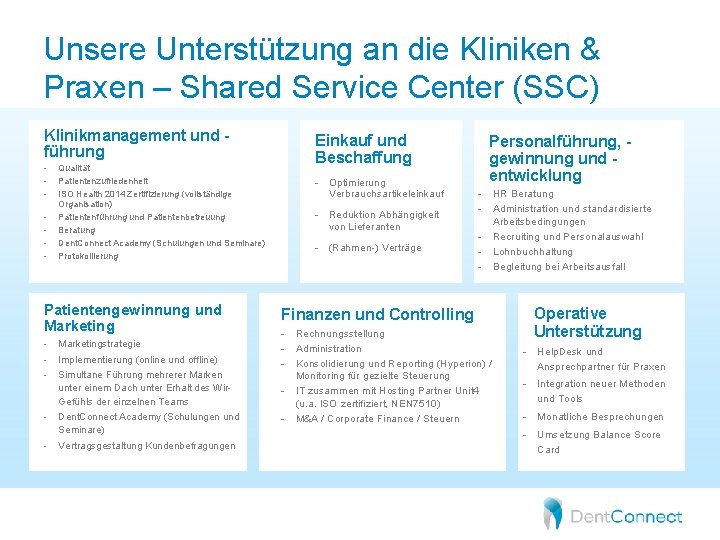 Unsere Unterstützung an die Kliniken & Praxen – Shared Service Center (SSC) Klinikmanagement und