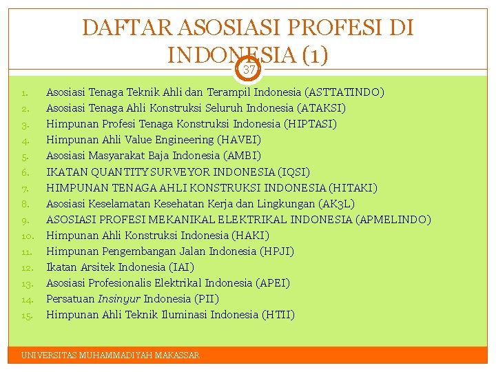 DAFTAR ASOSIASI PROFESI DI INDONESIA (1) 37 1. 2. 3. 4. 5. 6. 7.