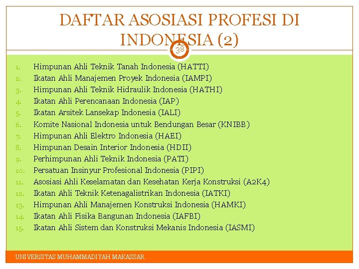 DAFTAR ASOSIASI PROFESI DI INDONESIA (2) 38 1. 2. 3. 4. 5. 6. 7.