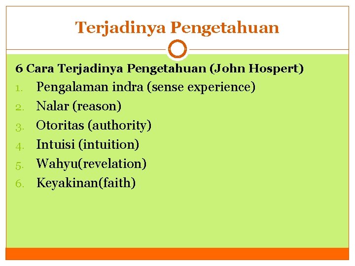 Terjadinya Pengetahuan 6 Cara Terjadinya Pengetahuan (John Hospert) 1. 2. 3. 4. 5. 6.