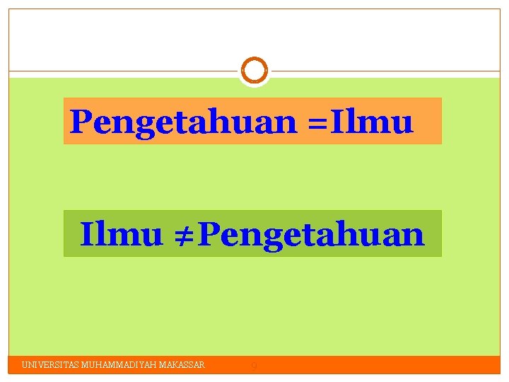 Pengetahuan =Ilmu ≠Pengetahuan UNIVERSITAS MUHAMMADIYAH MAKASSAR 9 