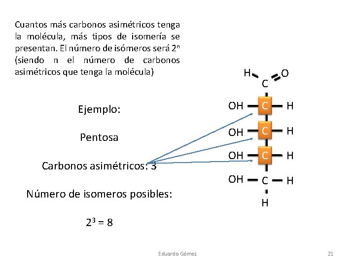 Cuantos más carbonos asimétricos tenga la molécula, más tipos de isomería se presentan. El
