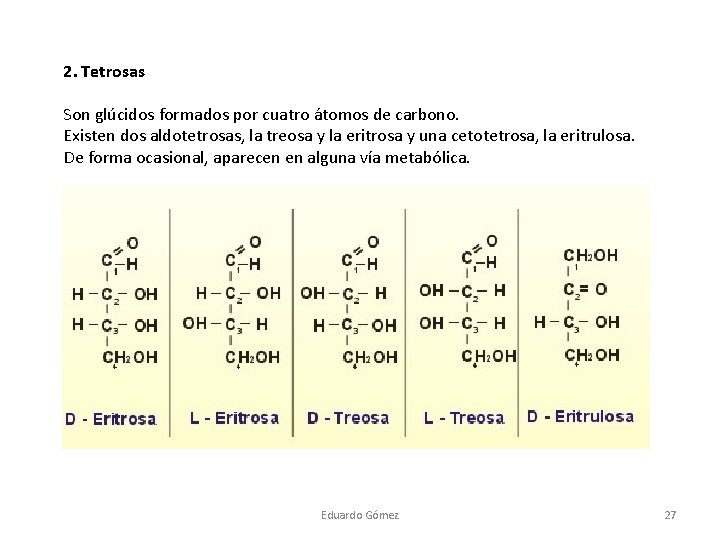 2. Tetrosas Son glúcidos formados por cuatro átomos de carbono. Existen dos aldotetrosas, la