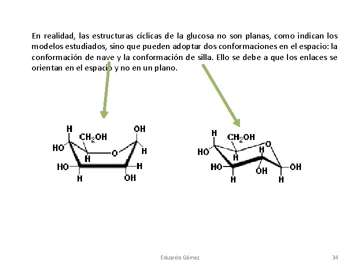 En realidad, las estructuras cíclicas de la glucosa no son planas, como indican los