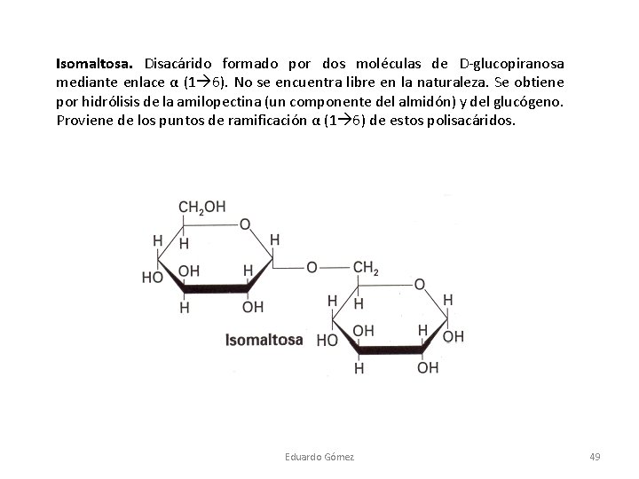 Isomaltosa. Disacárido formado por dos moléculas de D-glucopiranosa mediante enlace α (1 6). No